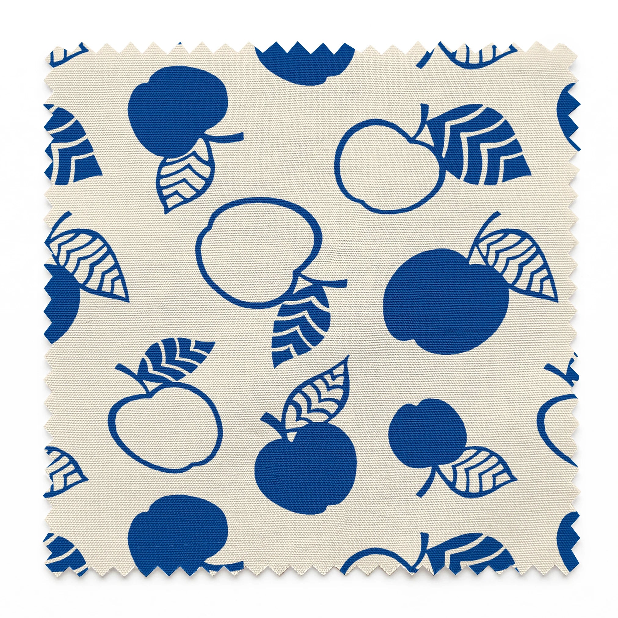 Blue apple illustrations and leaf outlines arranged in a scattered pattern on cream background. springs swatch pinked