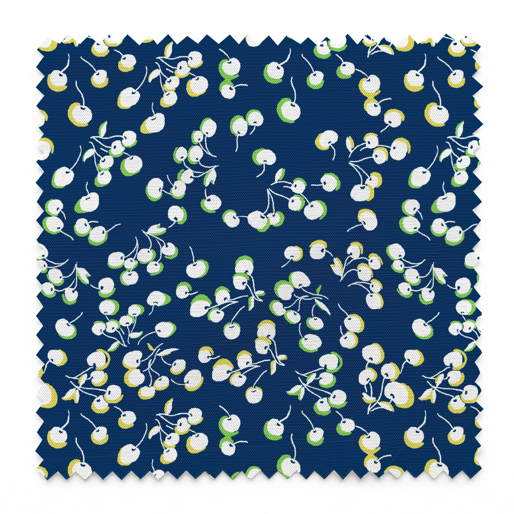 Delicate white and yellow floral pattern scattered across a deep navy blue background springs swatch pinked