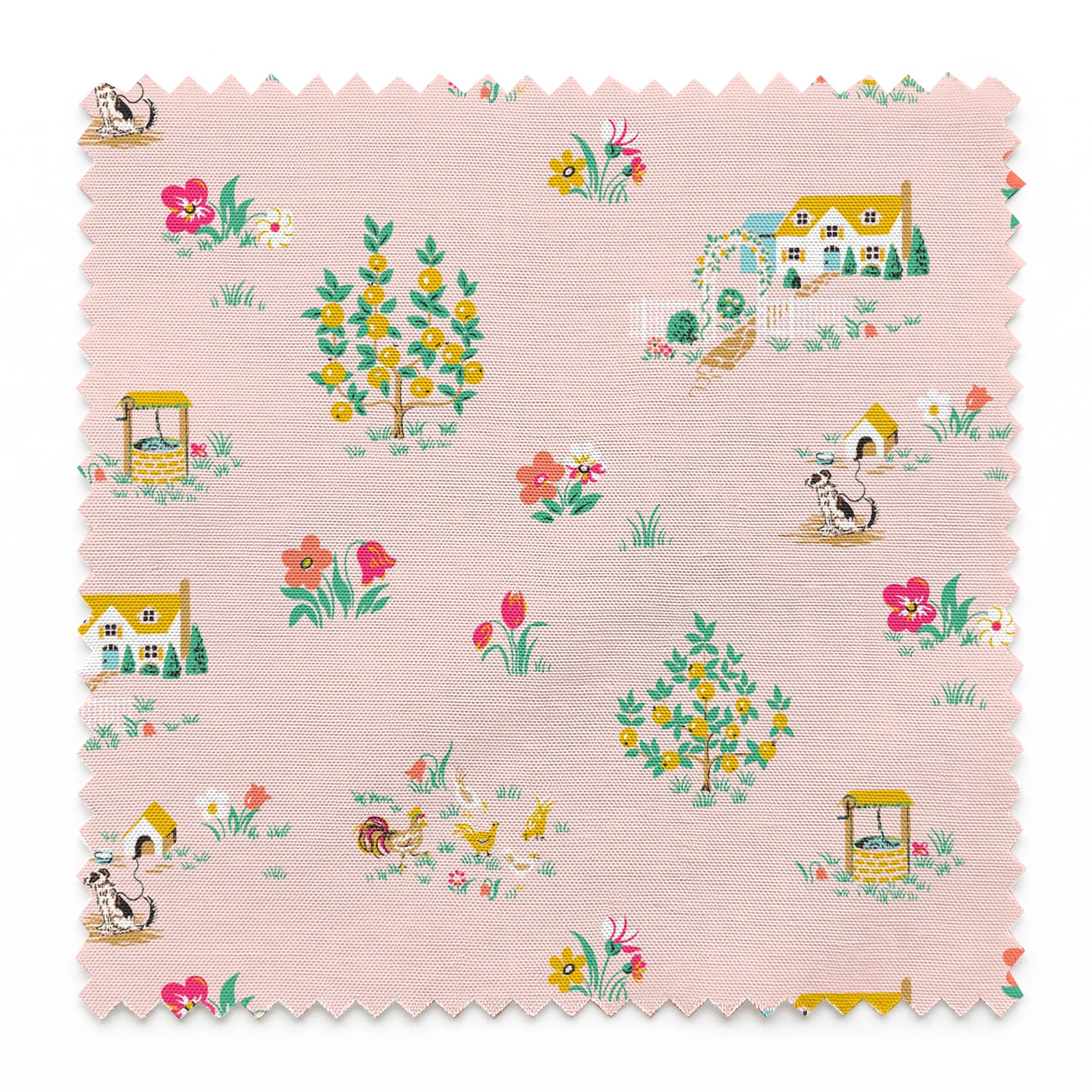 Whimsical pink pattern with cottages, flower bouquets, and garden scenes in yellow and coral springs swatch pinked