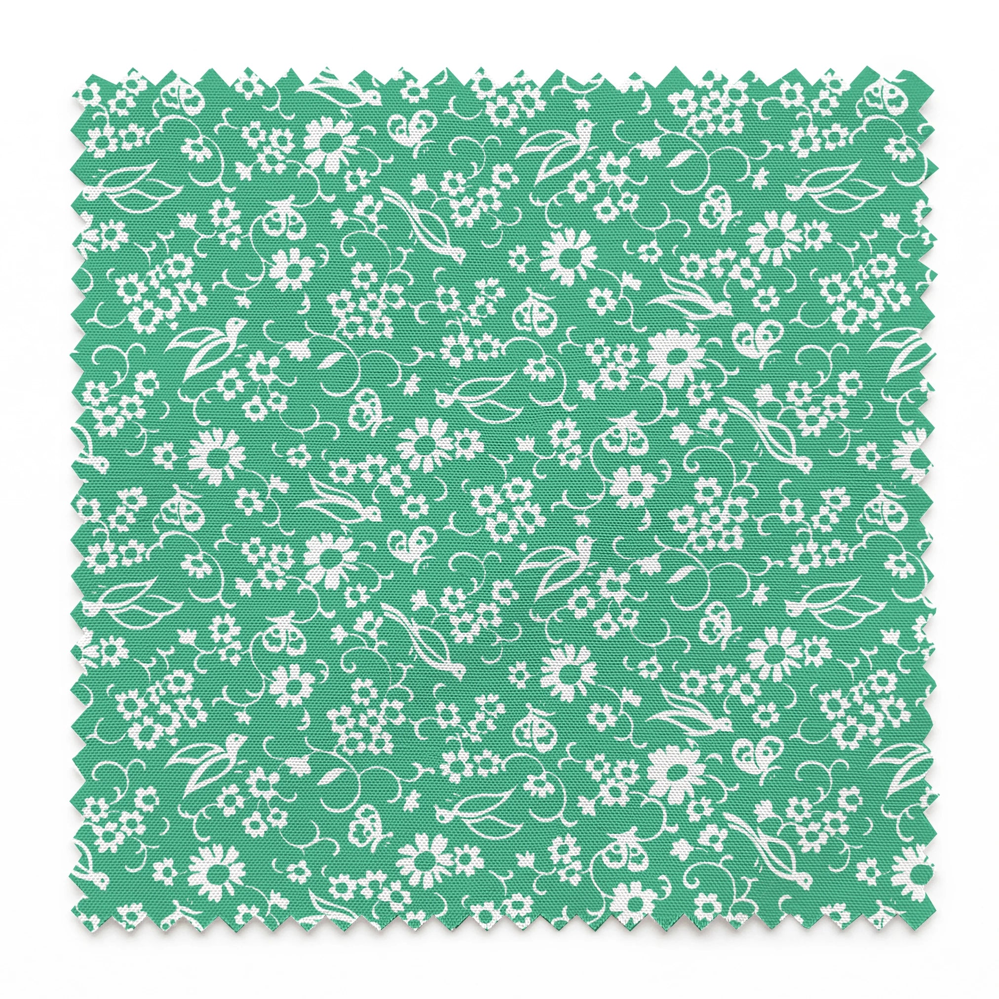 White floral pattern with delicate blooms and leaves on a mint green background springs swatch pinked