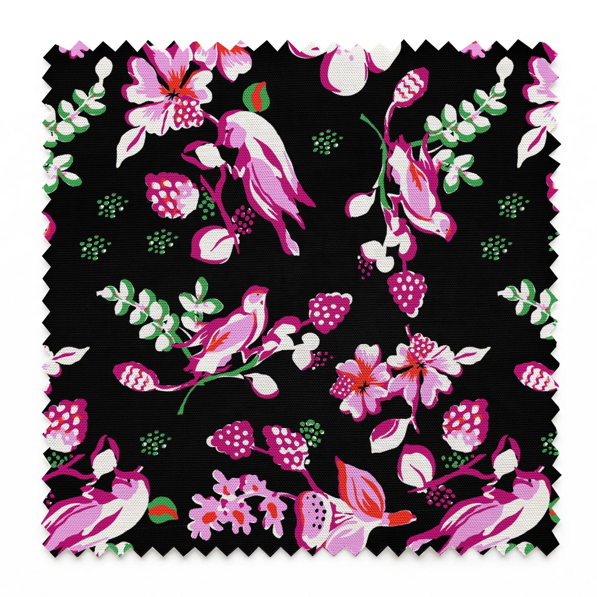 Vibrant pink birds and flowers pattern on black background with strawberry accents springs swatch pinked