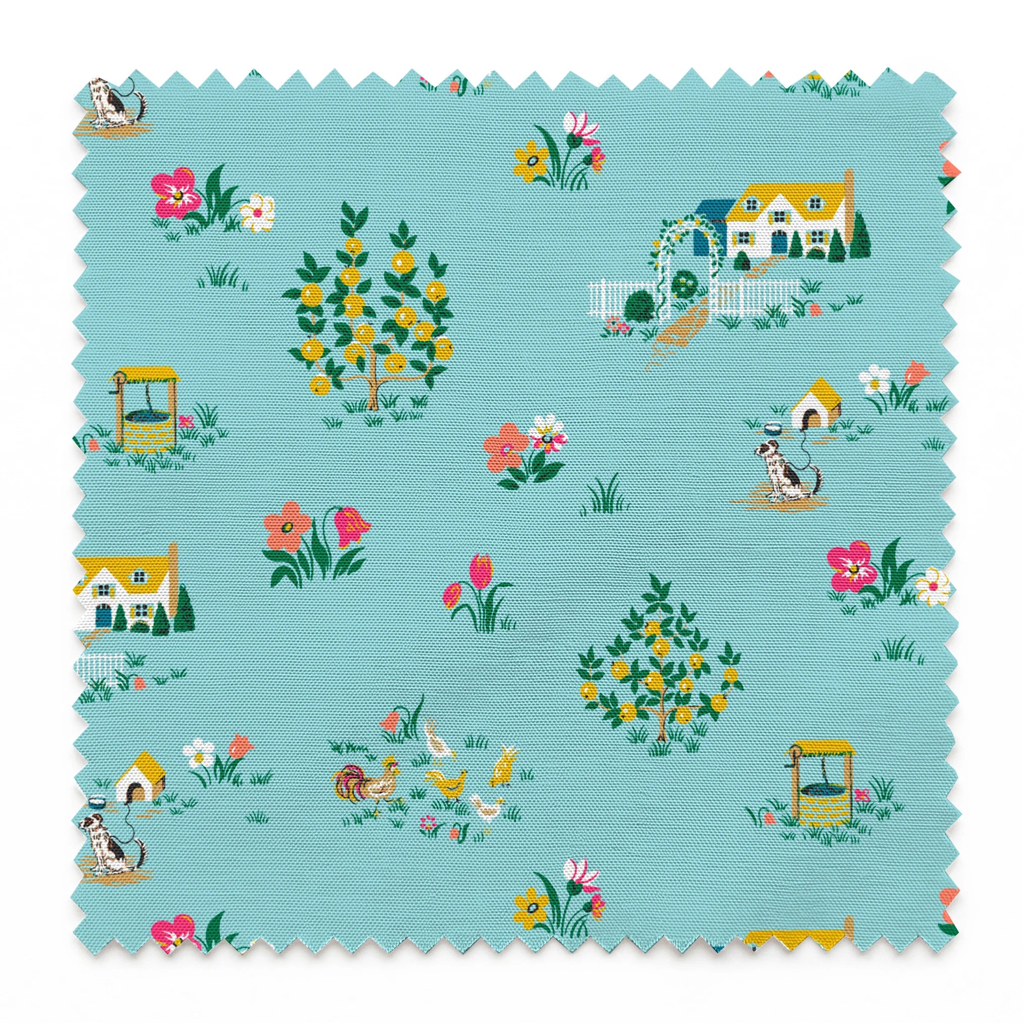 Whimsical light blue pattern with tiny cottages, tulips, and flower gardens in pastel colors springs swatch pinked