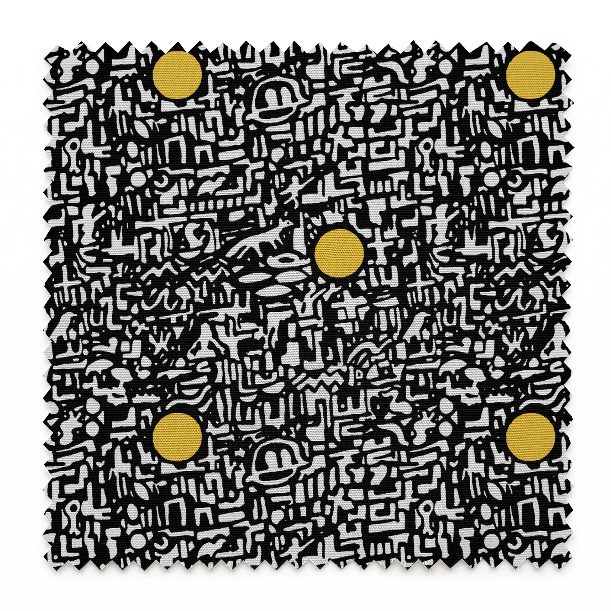 Abstract black and white maze pattern with scattered golden yellow dots arranged in a grid springs swatch pinked