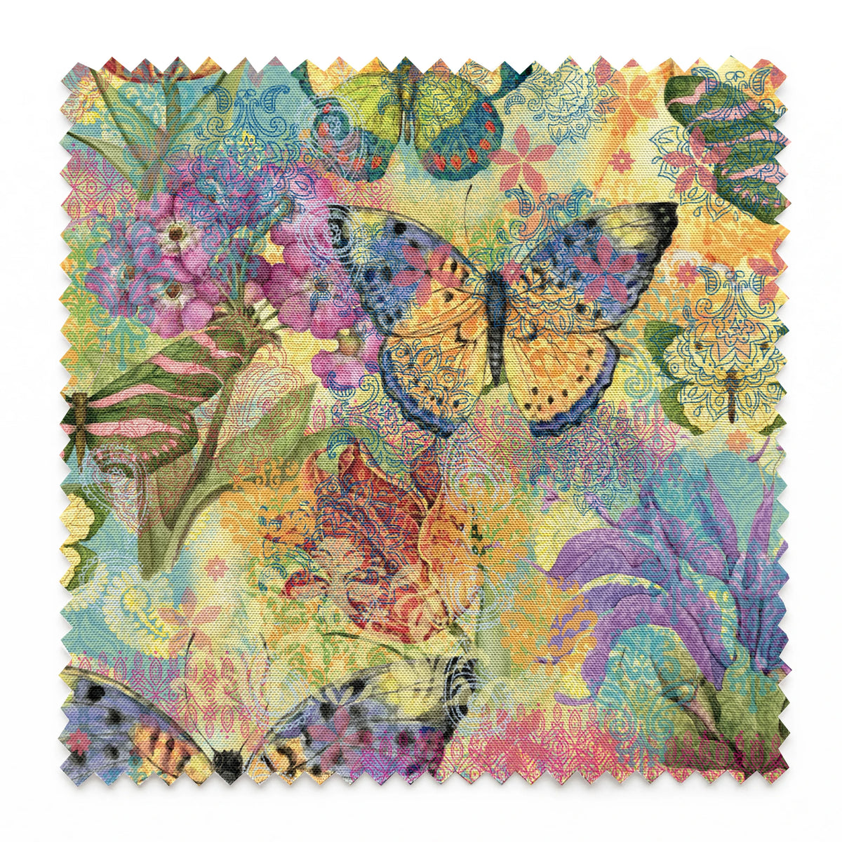 Colorful pattern of butterflies and flowers in vibrant yellows, purples, and reds with watercolor texture springs swatch pinked