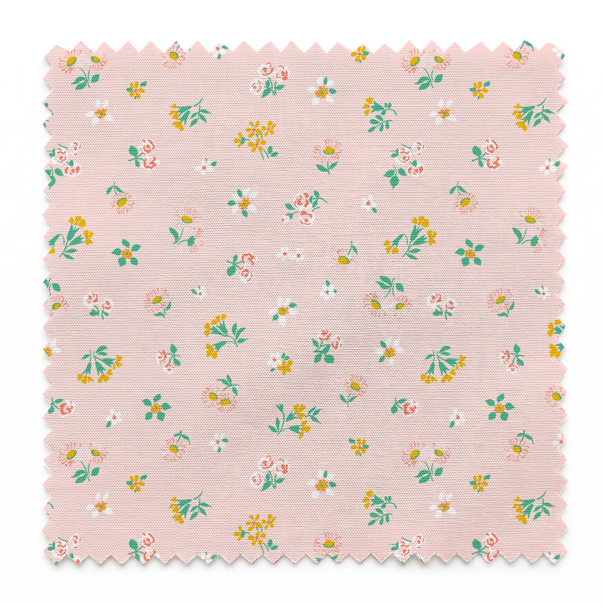 Small floral pattern on pink background with white daisies and yellow, blue, and pink flowers springs swatch pinked