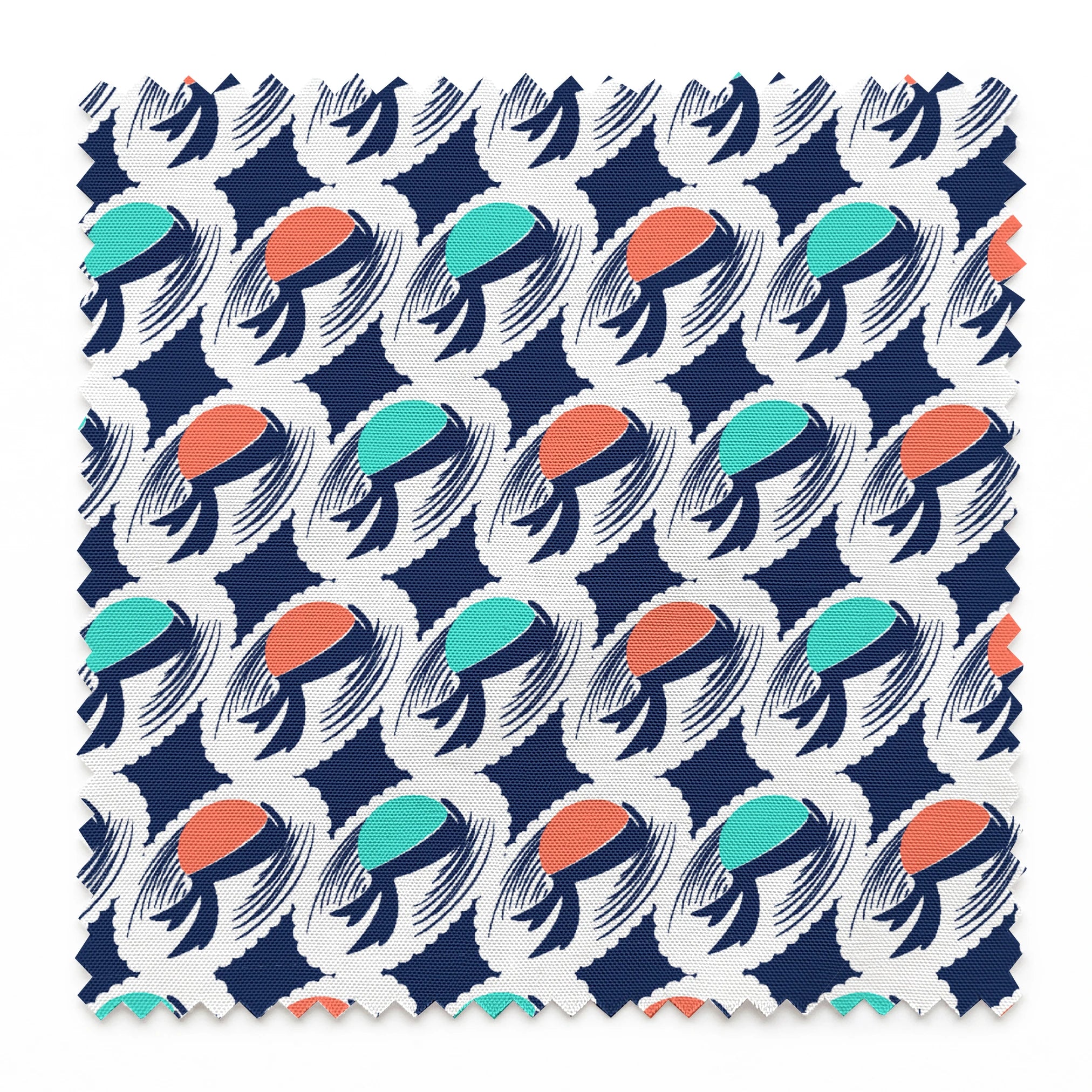 Abstract pattern with repeating mint green and coral circular shapes on navy background with white brushstroke details springs swatch pinked
