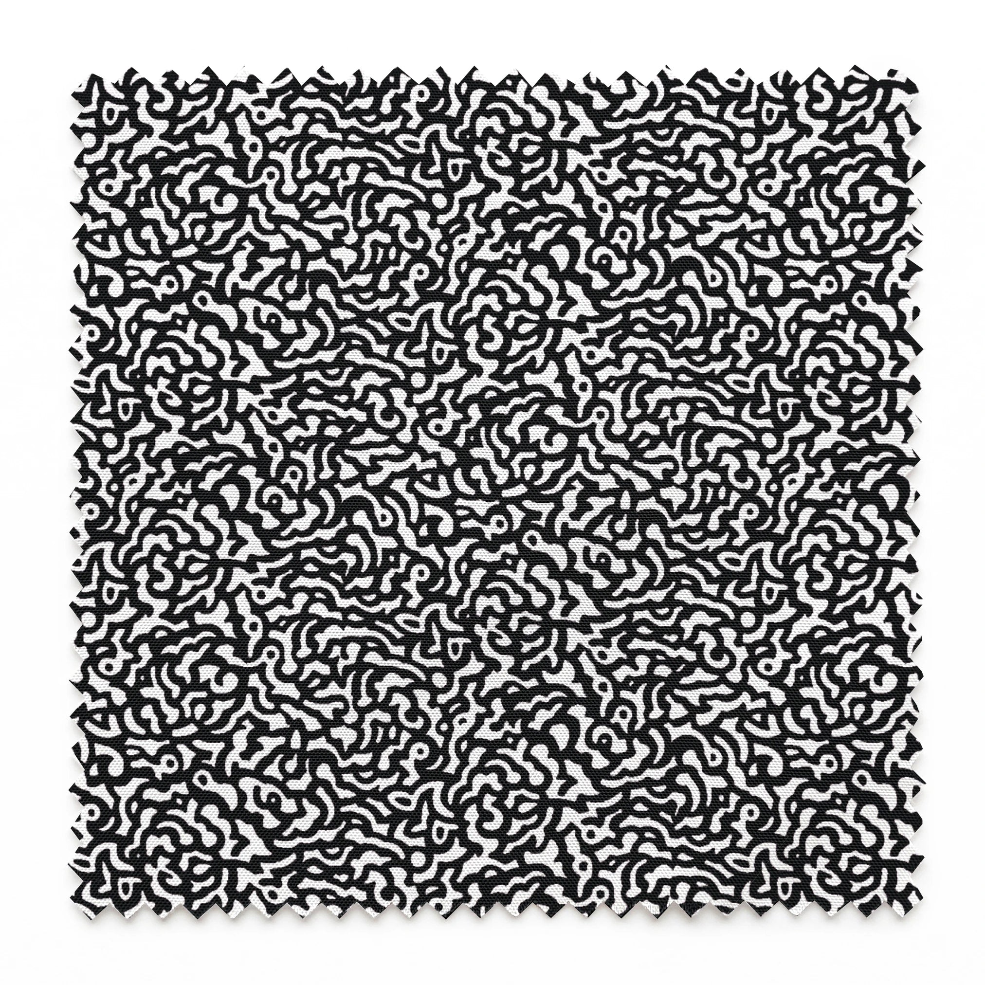 Abstract black and white pattern with swirling organic lines creating a dense maze-like design springs swatch pinked