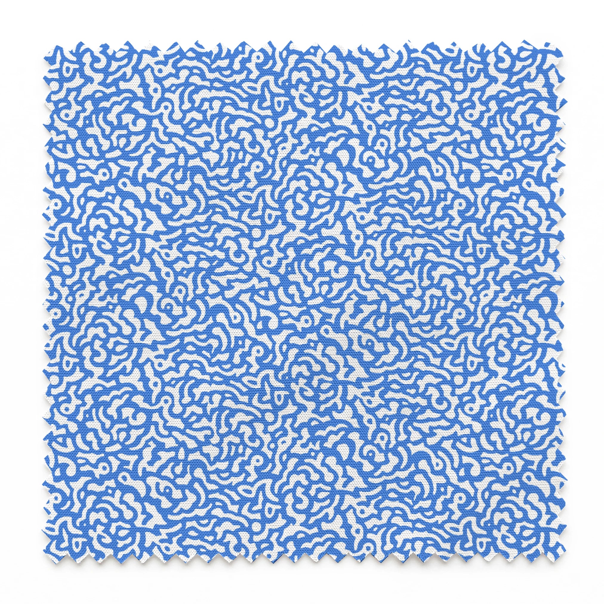 Blue and white abstract pattern with wavy, maze-like lines creating a flowing organic texture springs swatch pinked