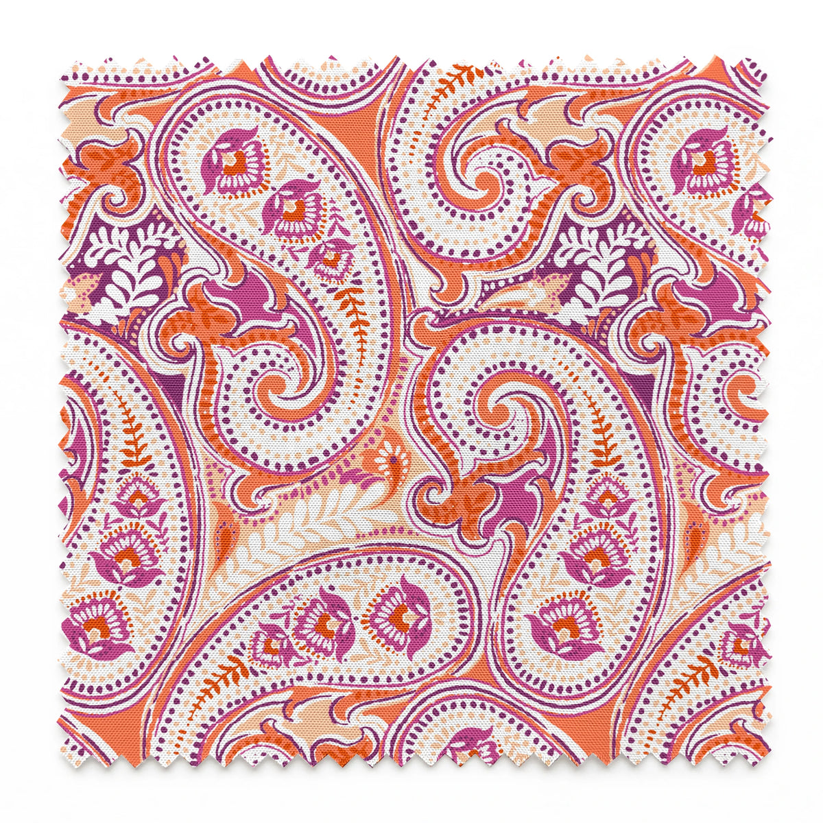 Vibrant paisley pattern in orange, pink and purple with swirling teardrop motifs and ornate details springs swatch pinked