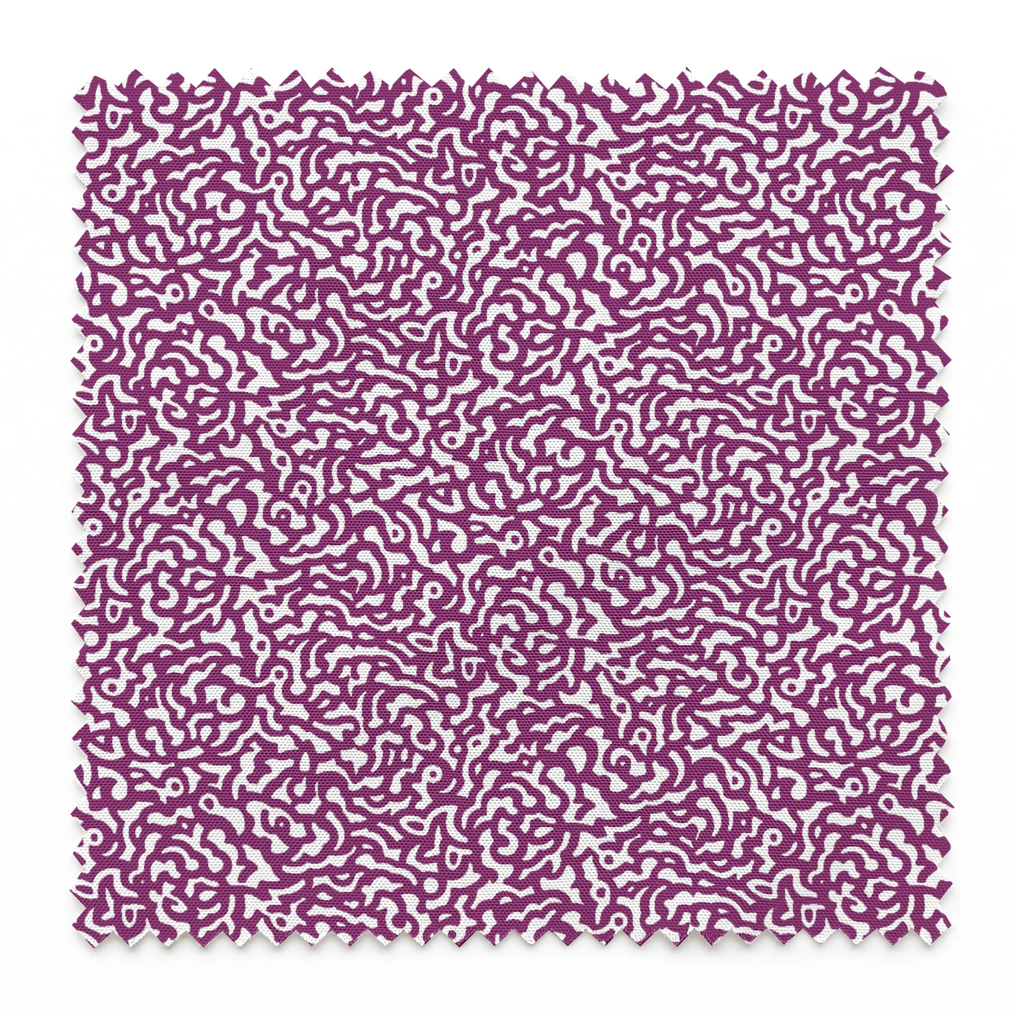 Purple squiggly maze-like pattern on white background with organic swirling lines springs swatch pinked