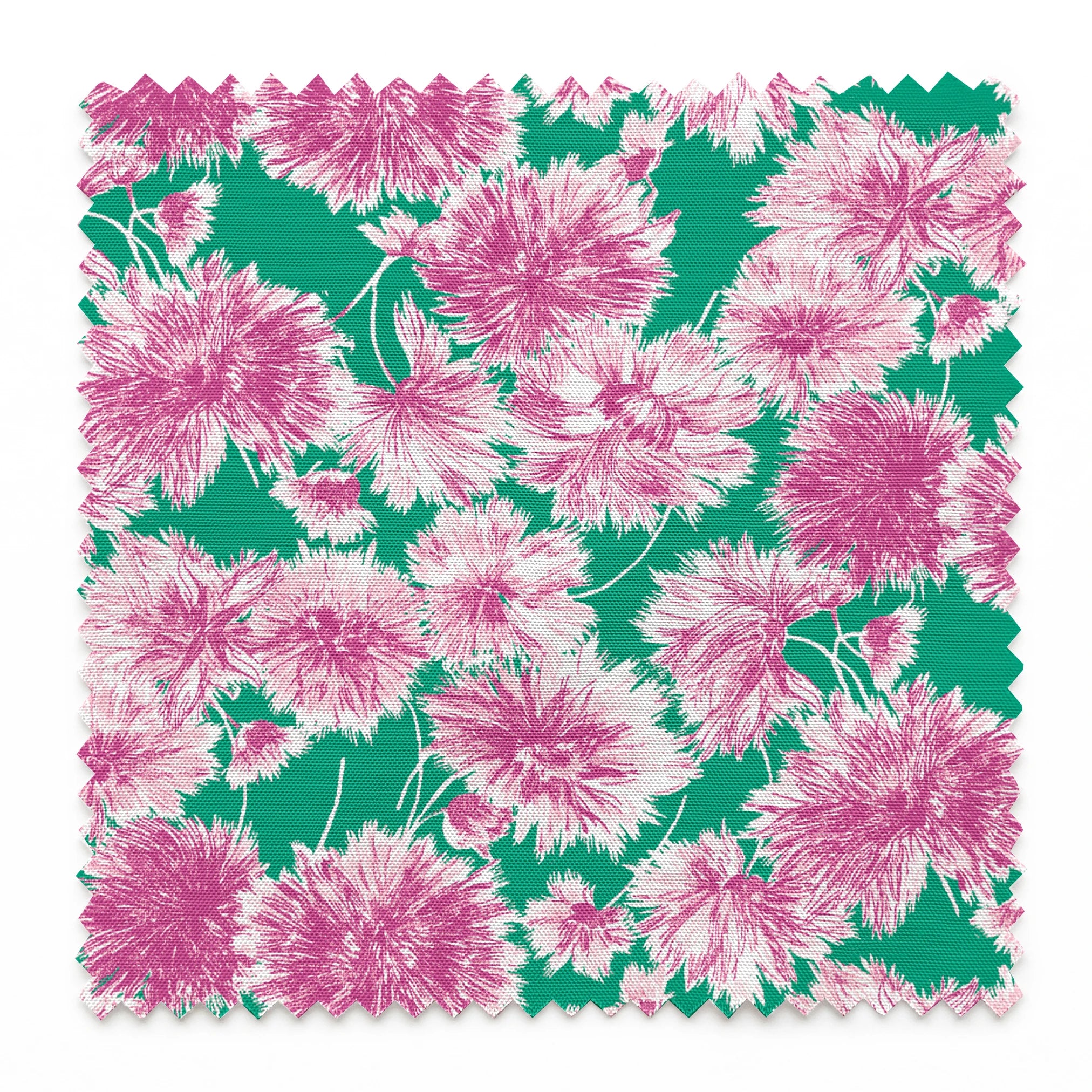Pink and purple carnation flowers scattered on a green background in a repeating floral pattern springs swatch pinked
