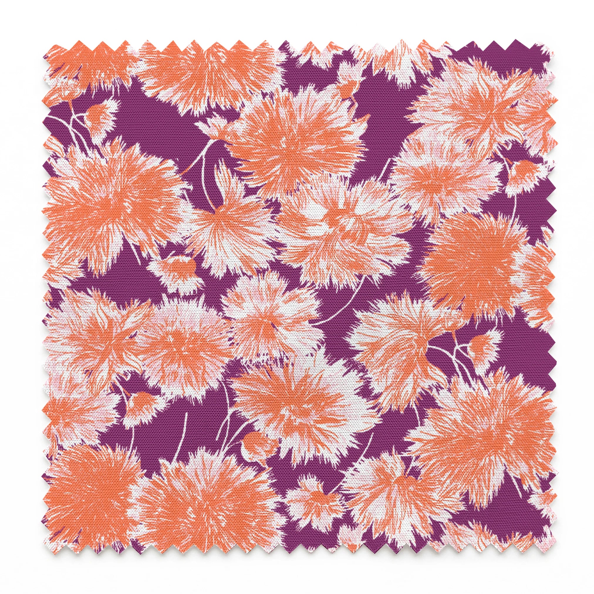 Vibrant floral pattern with orange and white chrysanthemum-like blooms on deep purple background springs swatch pinked