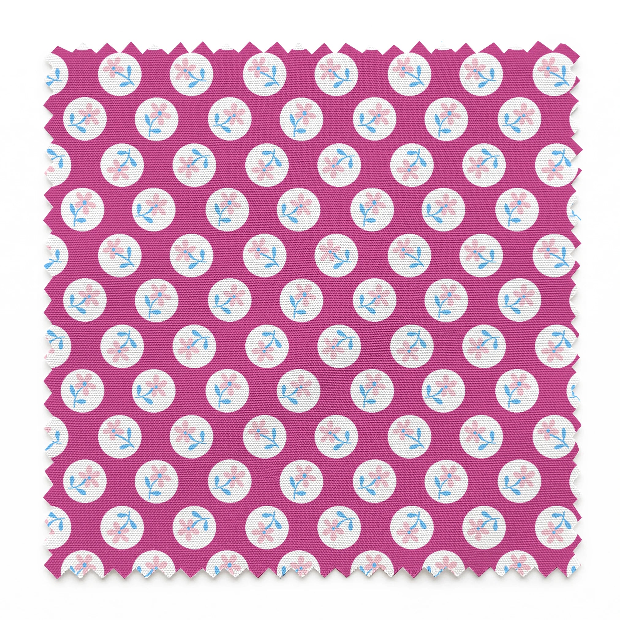White circular dots with pink flowers and blue leaves pattern on vibrant magenta background springs swatch pinked