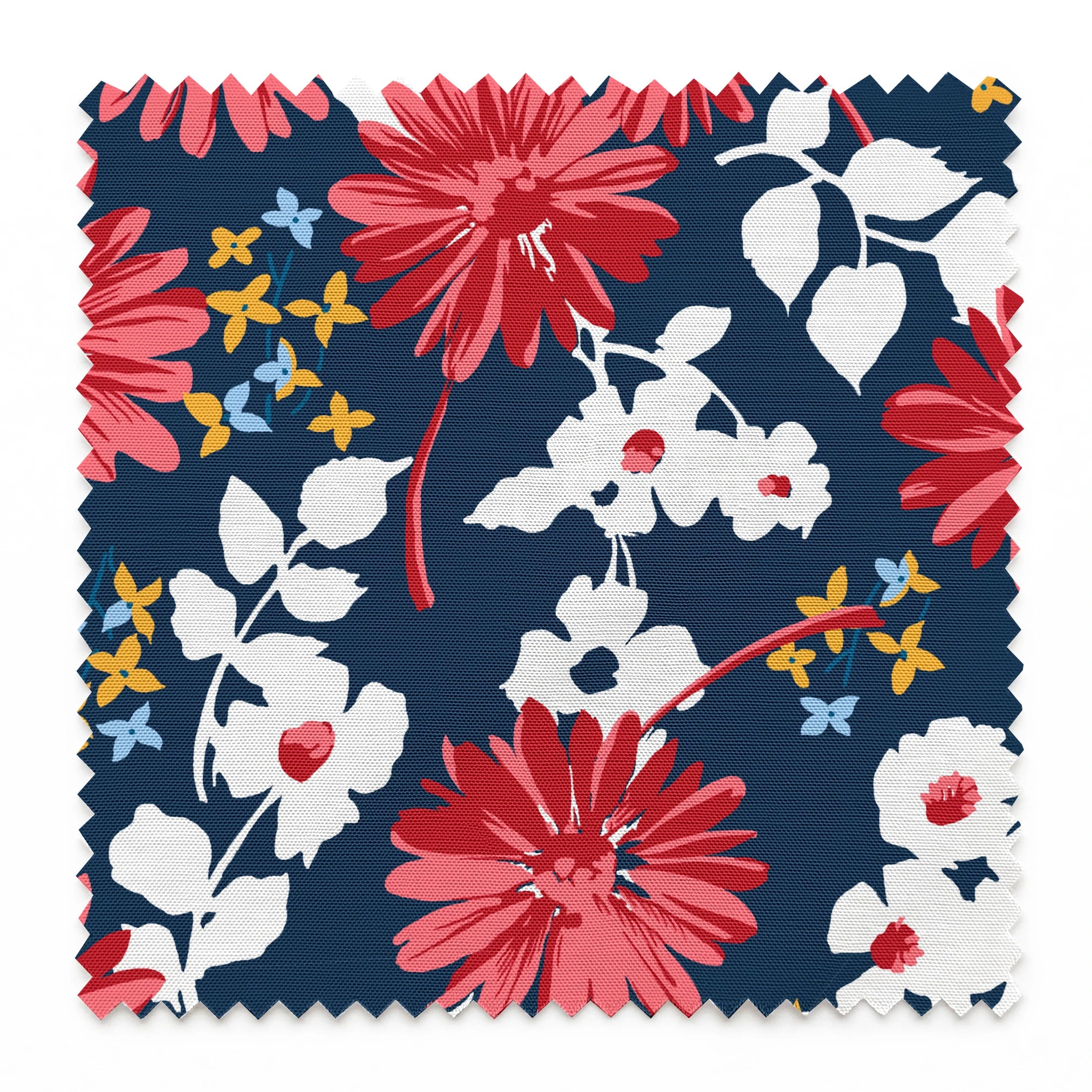 Vibrant floral pattern with red daisies and white flowers on navy background with small gold stars springs swatch pinked