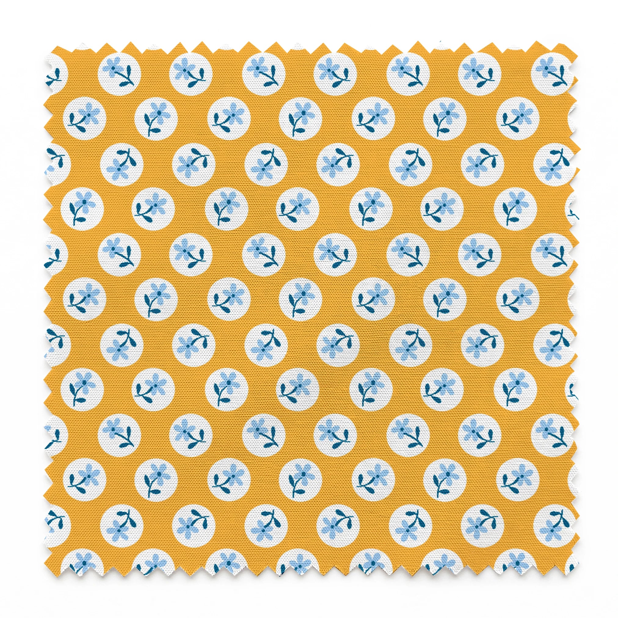 Light blue flowers with navy stems in white circles on a mustard yellow background springs swatch pinked