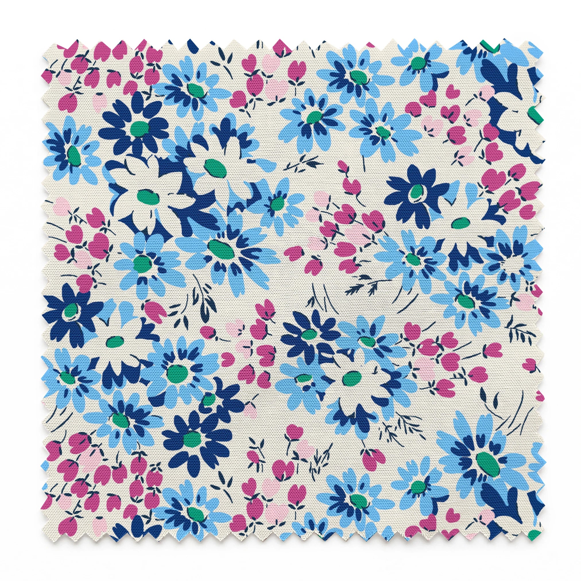 Floral pattern with blue, navy, and white daisies alongside small magenta berries on cream background springs swatch pinked