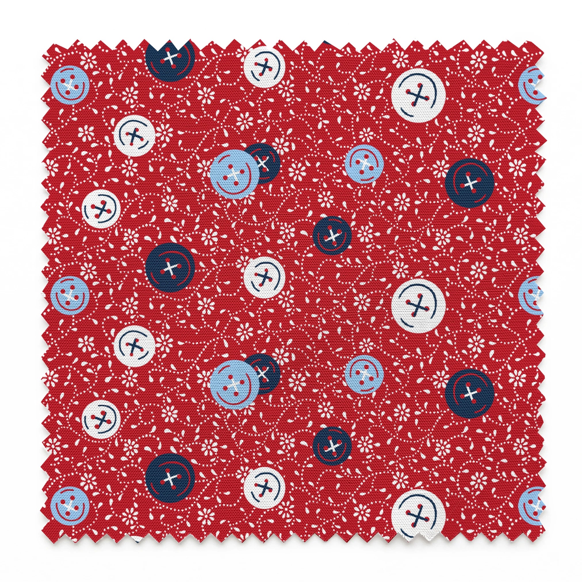 Red background with small white floral pattern featuring scattered button designs in blue, white, and navy cross details springs swatch pinked
