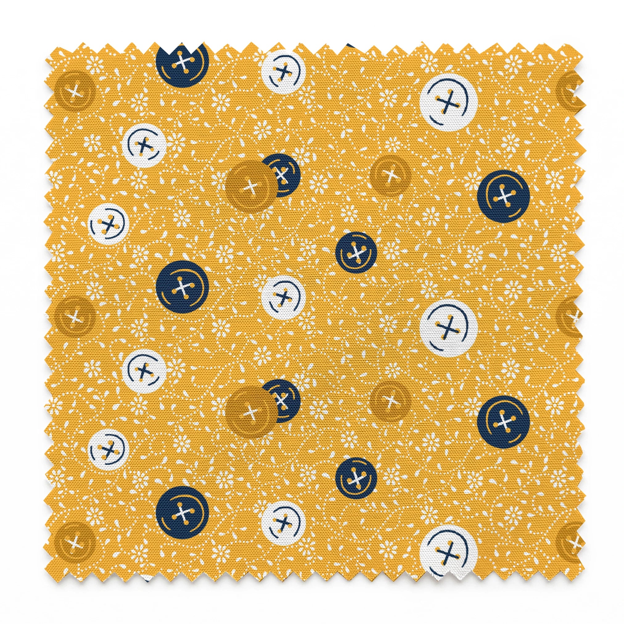 Circular buttons with cross symbols in gold, navy, and white scattered on a gold floral background springs swatch pinked