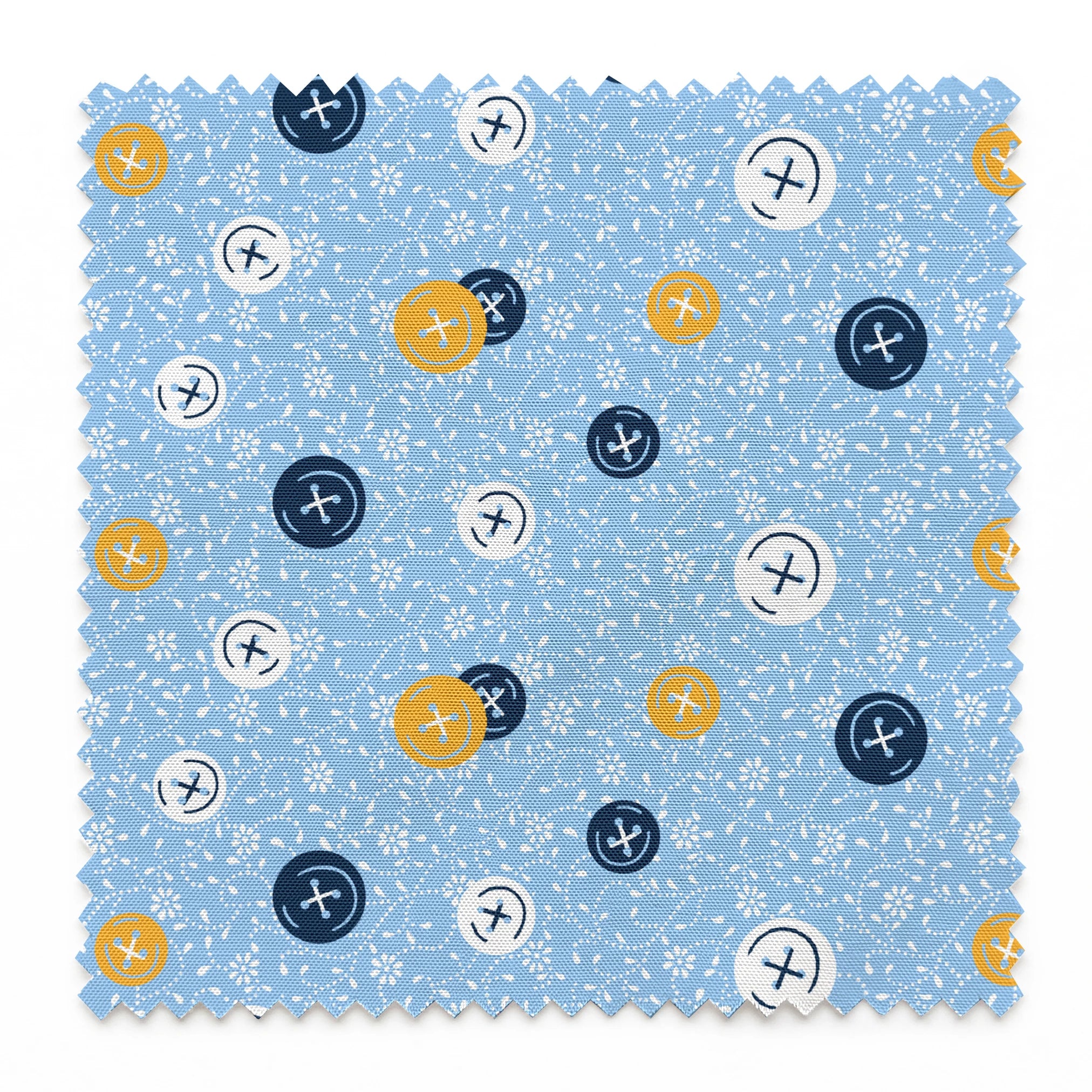 Blue background with scattered circular buttons in white, navy, and gold, each featuring cross designs, on a floral pattern. springs swatch pinked
