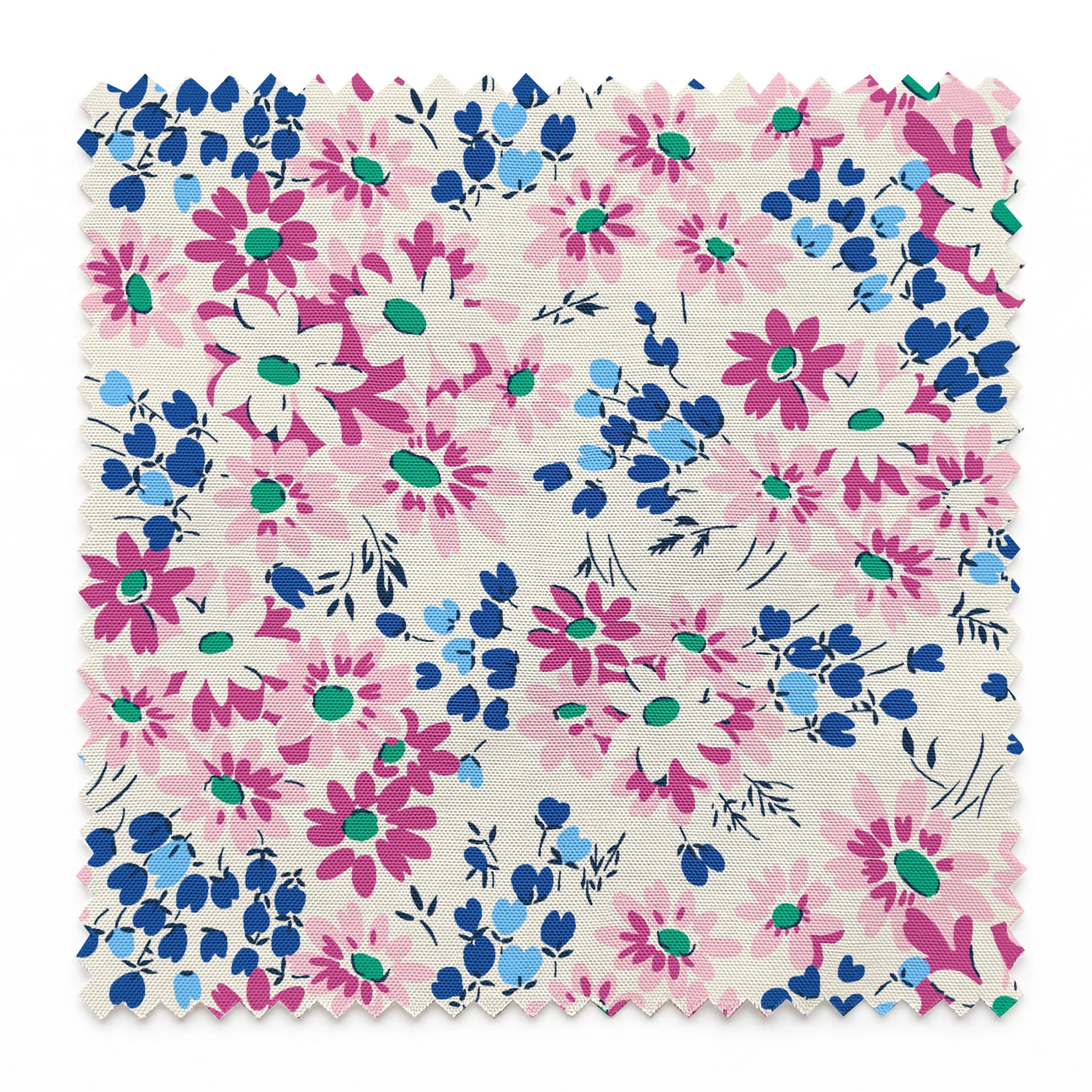 Colorful floral pattern with pink and magenta daisies, blue berries, and green accents on cream background springs swatch pinked