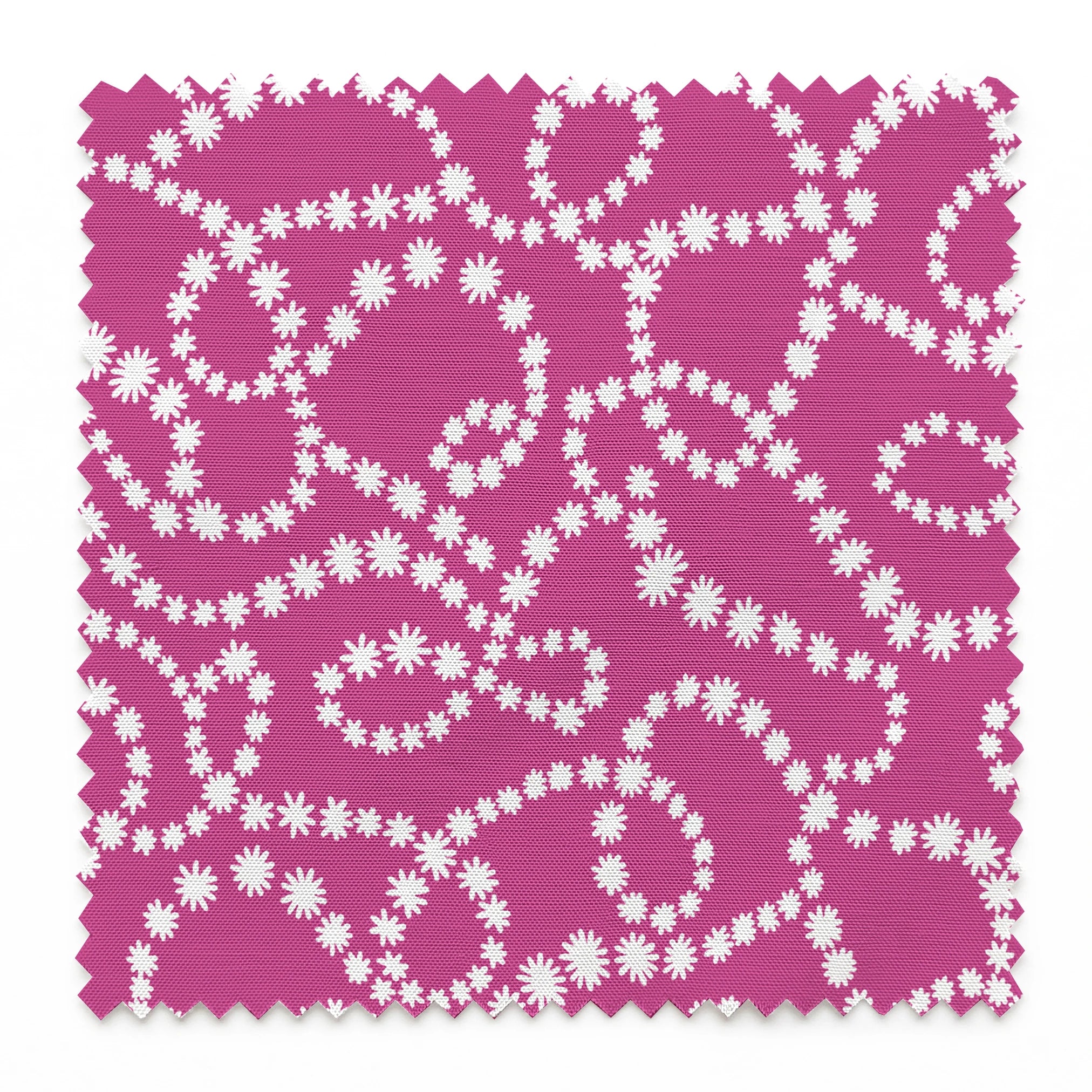 Magenta background with swirling white dotted pattern resembling pearl strands in decorative loops springs swatch pinked