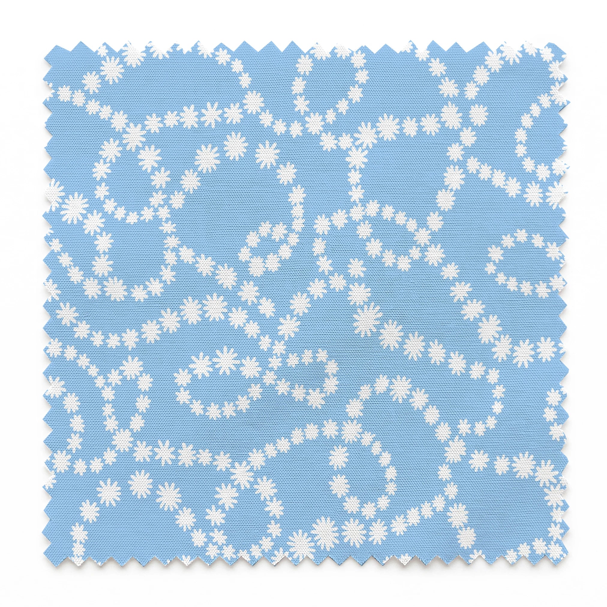 Pale blue background with white dotted swirling pattern resembling strings of pearls or bubbles in abstract curves springs swatch pinked