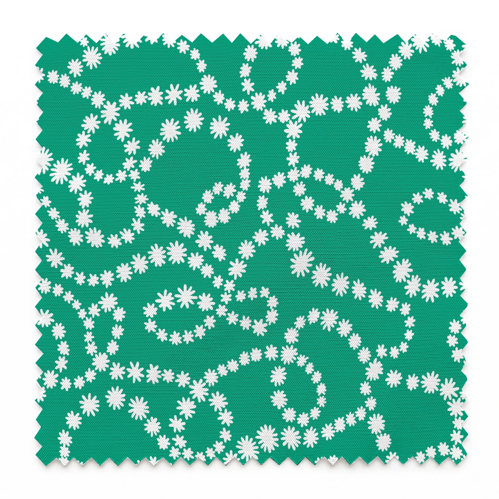 White dotted swirling patterns on green background forming abstract curving lines springs swatch pinked