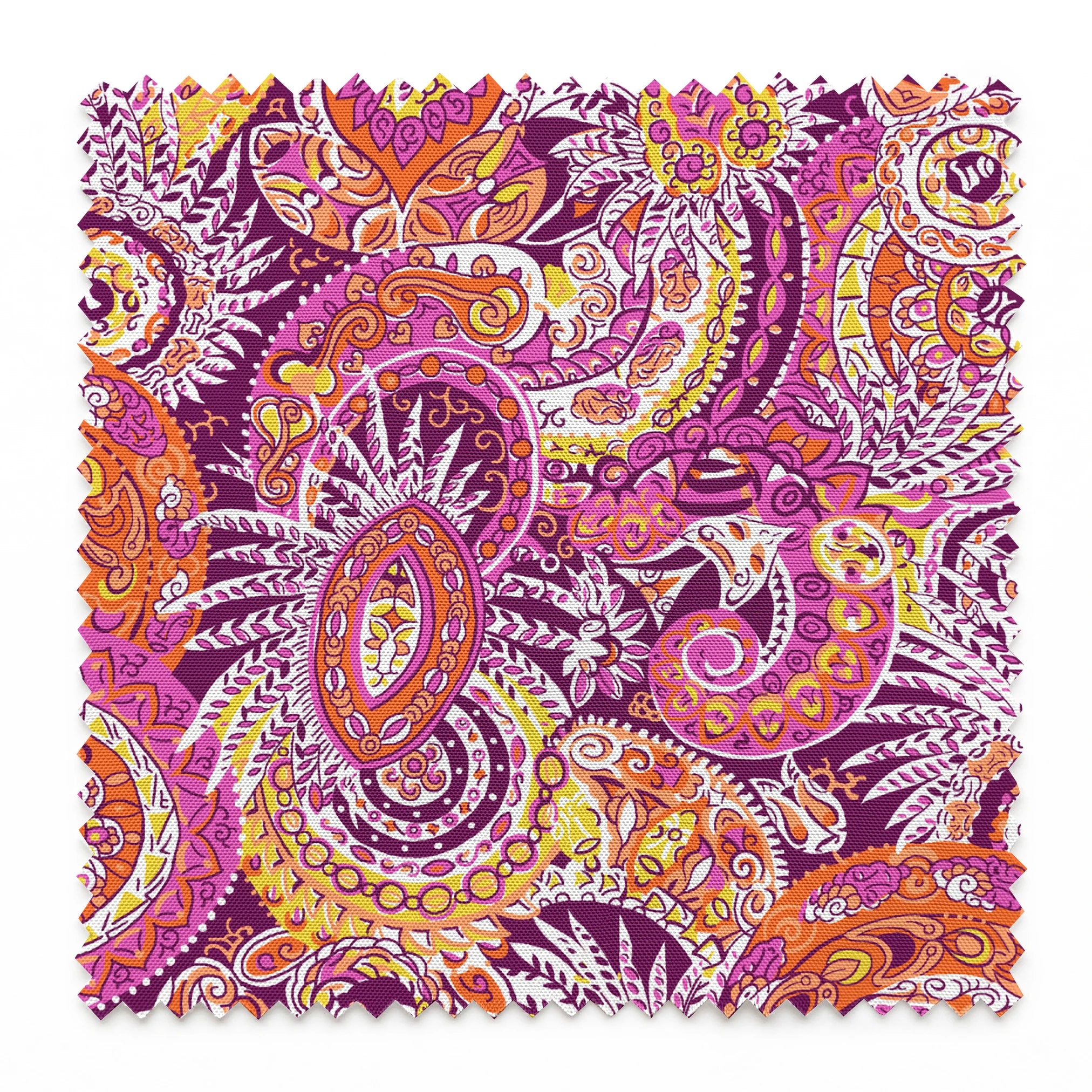 Vibrant paisley pattern with swirling shapes in purple, orange, pink, and yellow tones springs swatch pinked