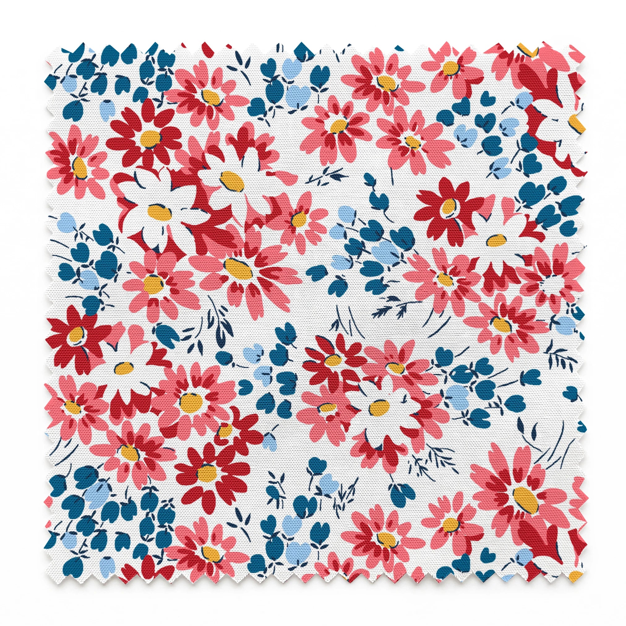 Colorful floral pattern with coral, red, and white daisies with yellow centers and teal leaves springs swatch pinked