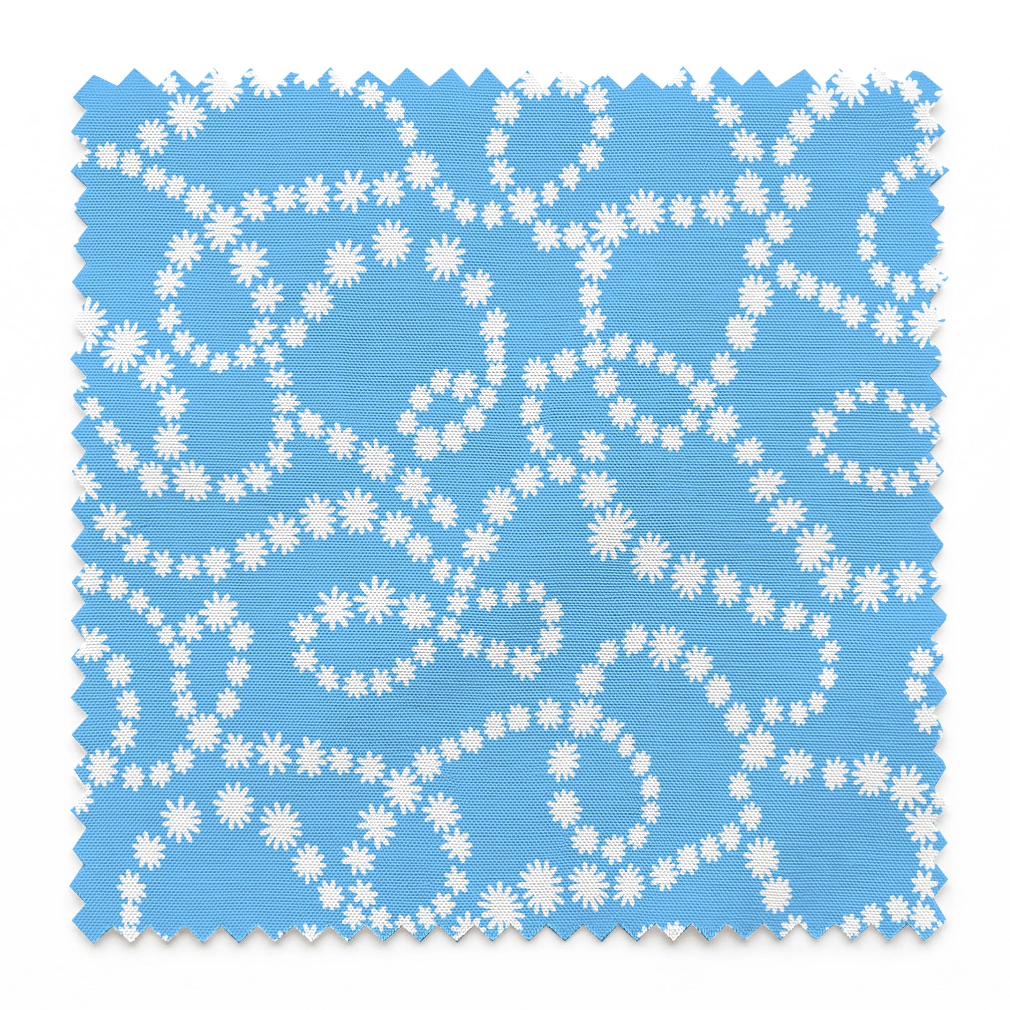 Sky blue background with swirling white dotted pattern resembling beaded strings or pearls arranged in curving lines springs swatch pinked