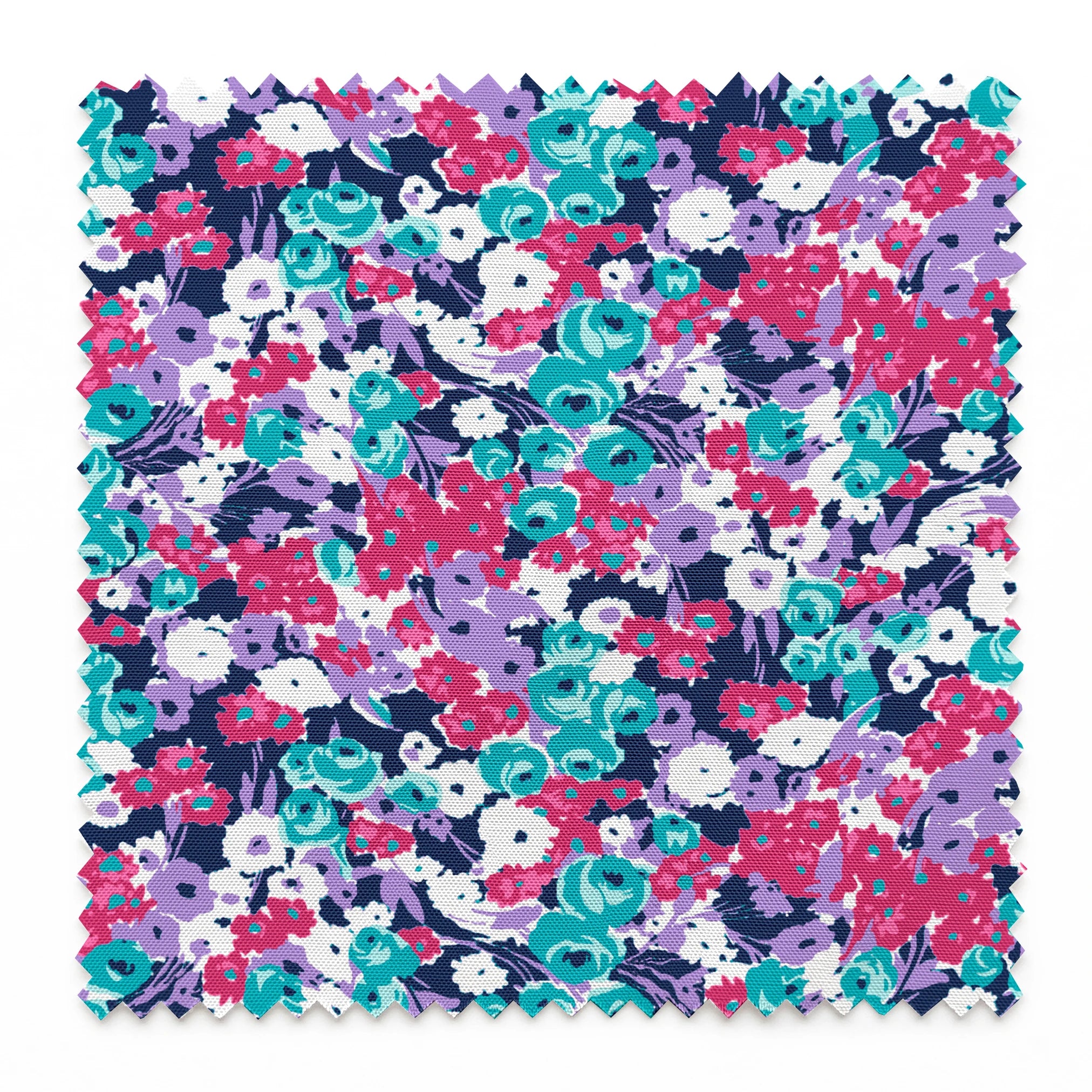 Vibrant floral pattern with pink, white, purple, and turquoise flowers on dark indigo background springs swatch pinked