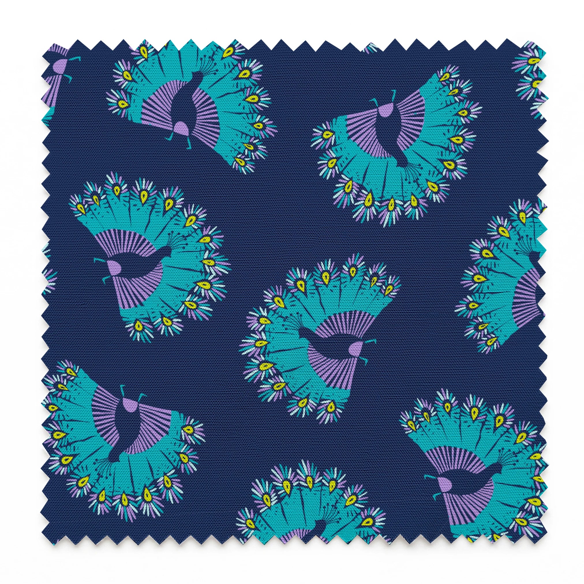 Vibrant peacock-inspired pattern with teal and purple fan shapes on blue background springs swatch pinked