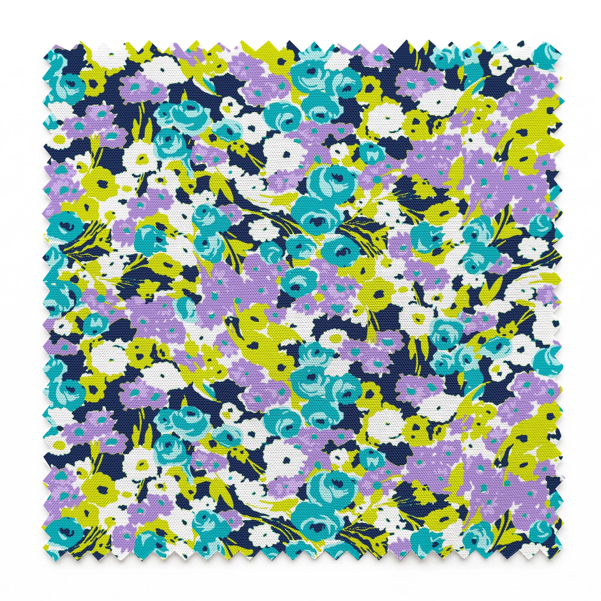 Vibrant floral pattern with turquoise, purple, white, and chartreuse blooms on dark background springs swatch pinked