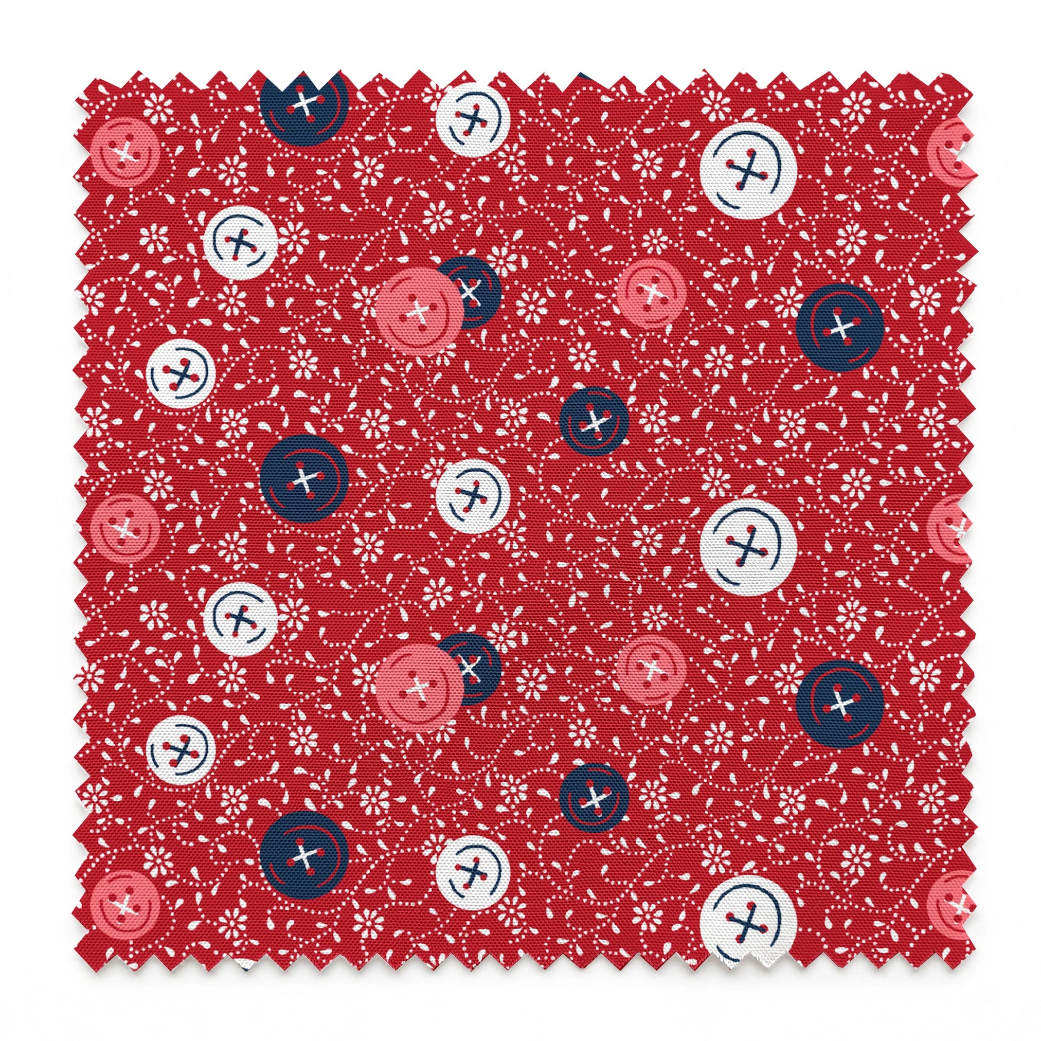 Red background with scattered buttons in white, blue, and coral colors featuring sewing motifs and small floral patterns springs swatch pinked