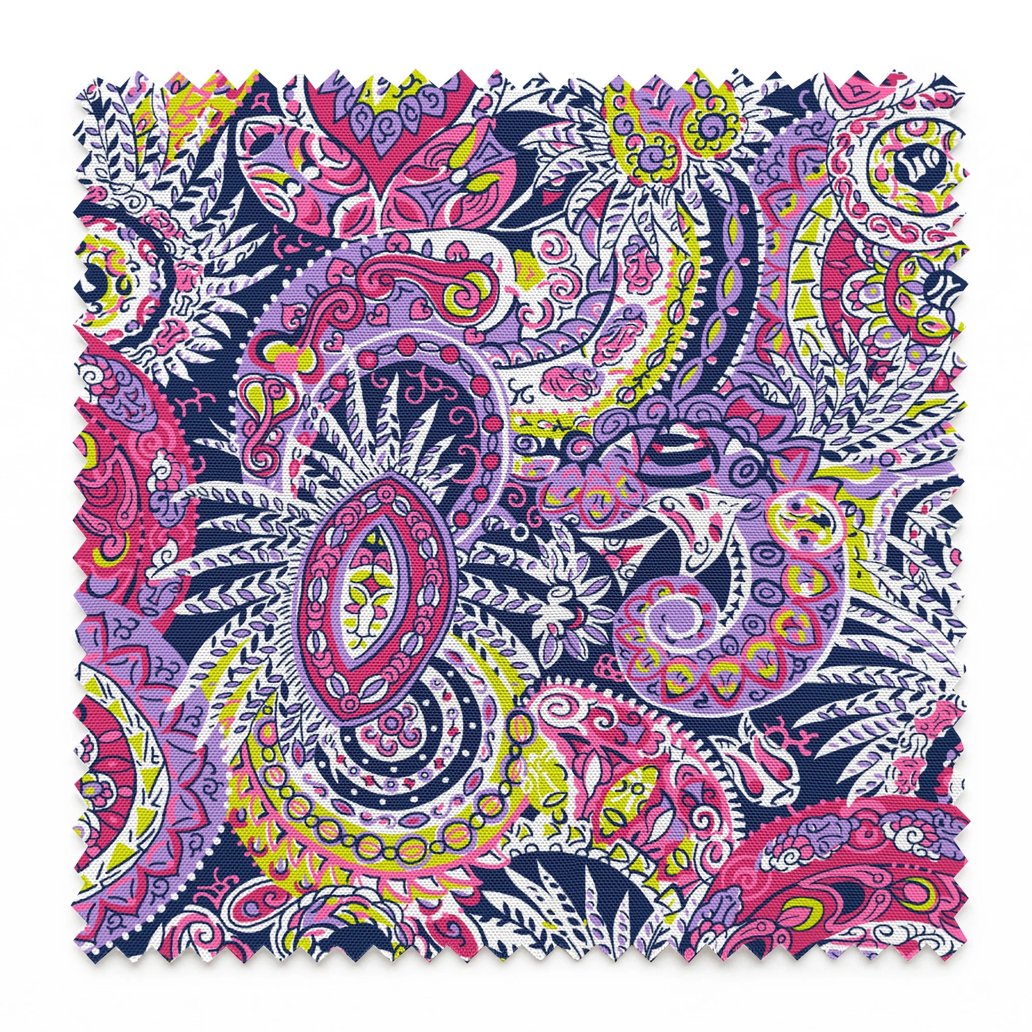 Vibrant paisley pattern in pink, purple, yellow, and blue with intricate swirling designs springs swatch pinked