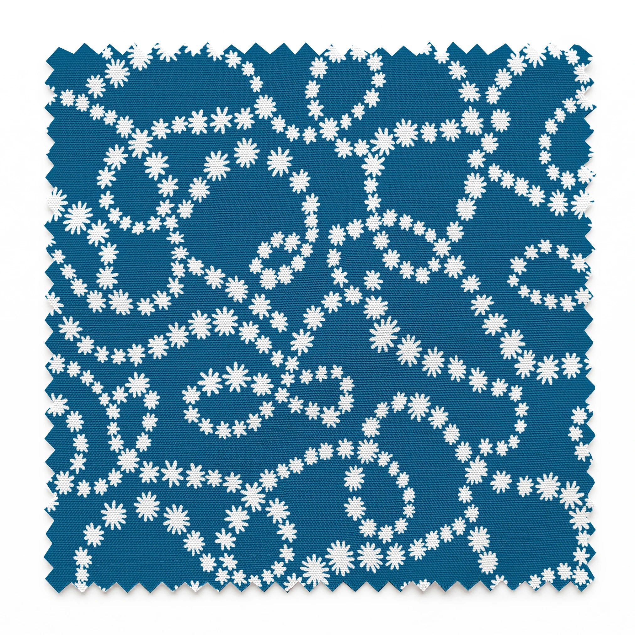 Dotted white swirling patterns on deep teal blue background creating abstract curved designs springs swatch pinked