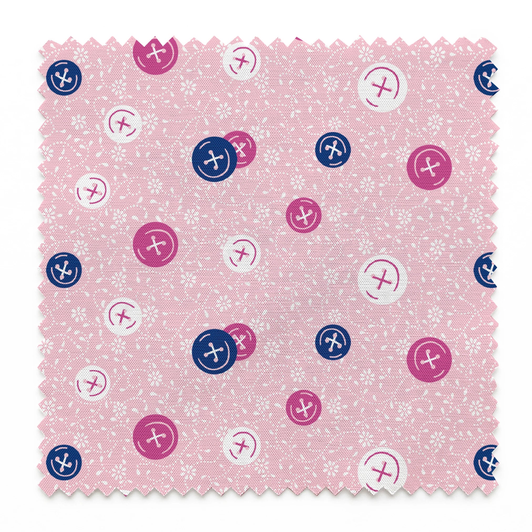 Scattered buttons in white, pink, and navy on a light pink floral background springs swatch pinked