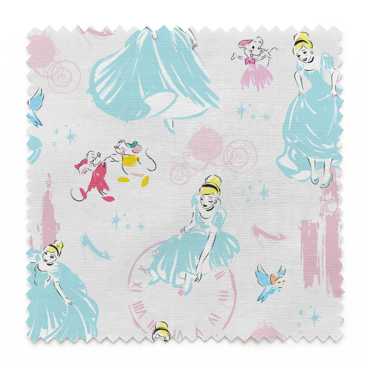 Dreamy Cinderella pattern with blue gowns, castle silhouettes, glass slippers, and blue birds on pale background springs swatch pinked