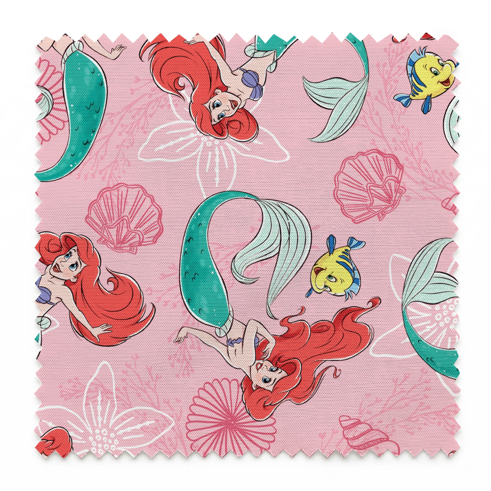 Illustrated pattern of mermaids with red hair and green tails swimming with yellow fish on pink seashell background springs swatch pinked