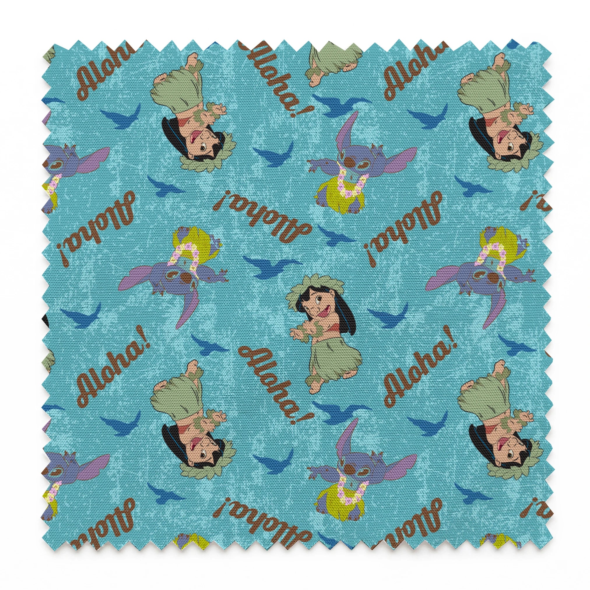 Lilo and Stitch pattern on turquoise background with "Aloha!" text and blue silhouettes springs swatch pinked
