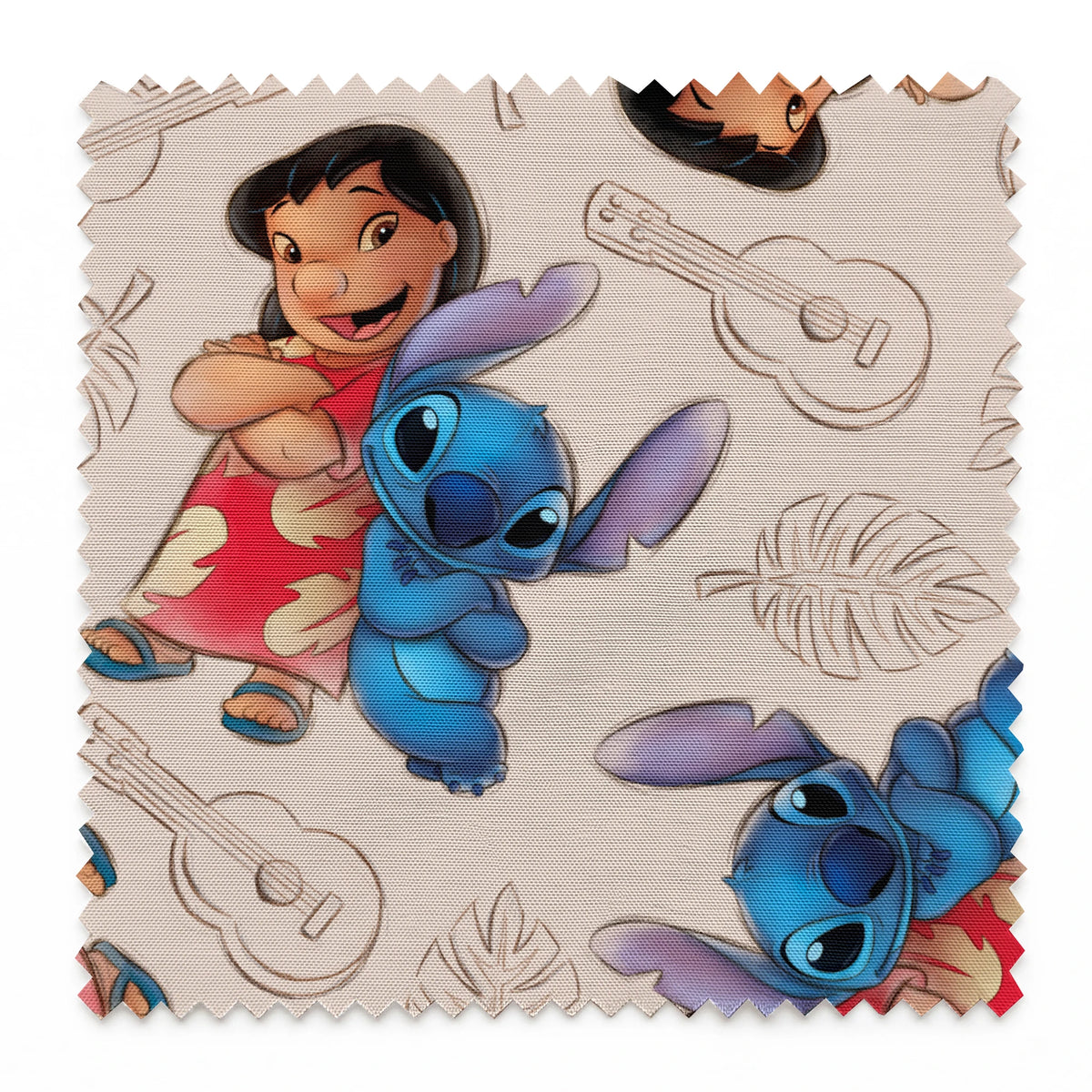 Lilo and Stitch fabric with leaf and guitar pattern background springs swatch pinked