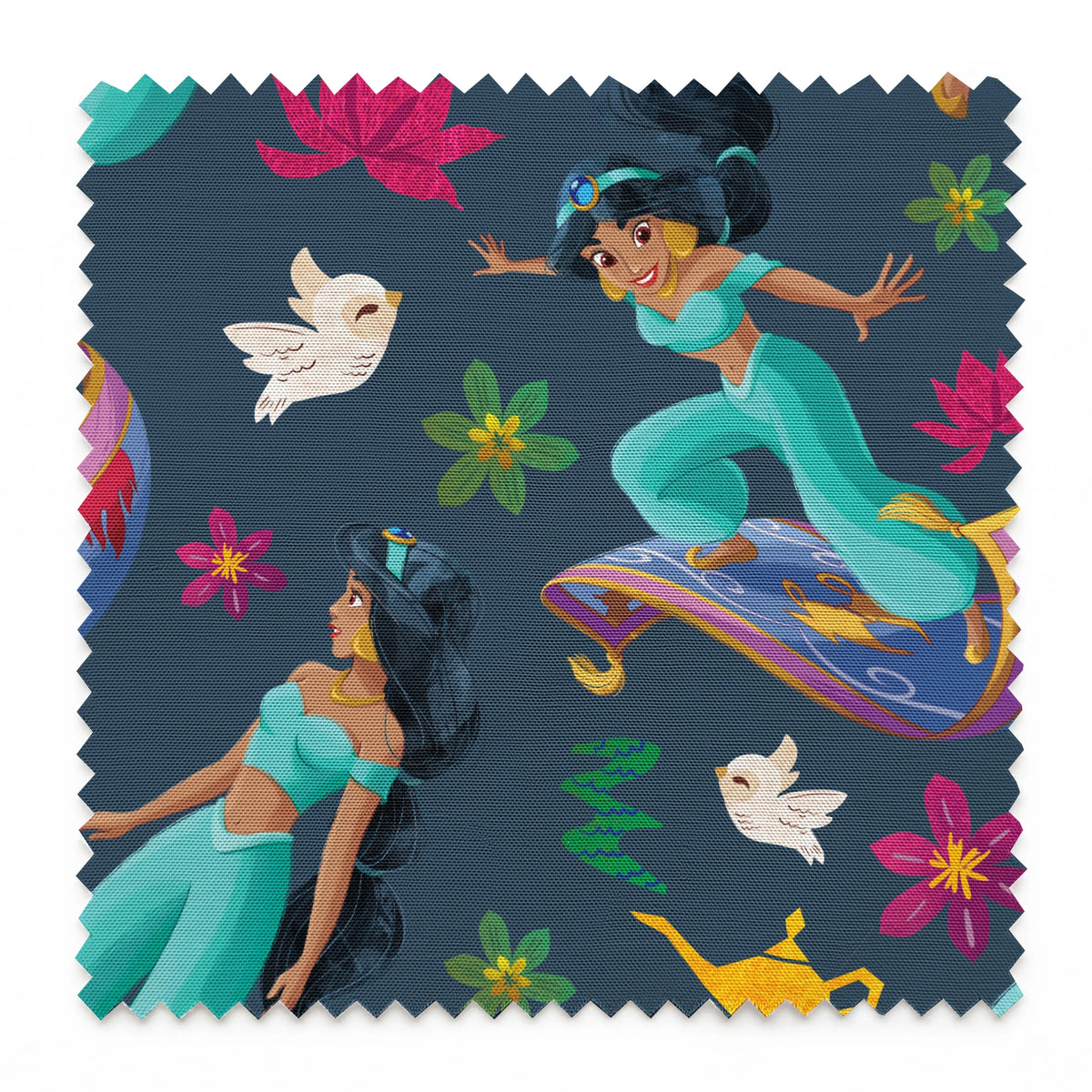 Animated characters in turquoise outfits flying on magic carpets with white doves, lotus flowers, and a golden lamp against dark background. springs swatch pinked