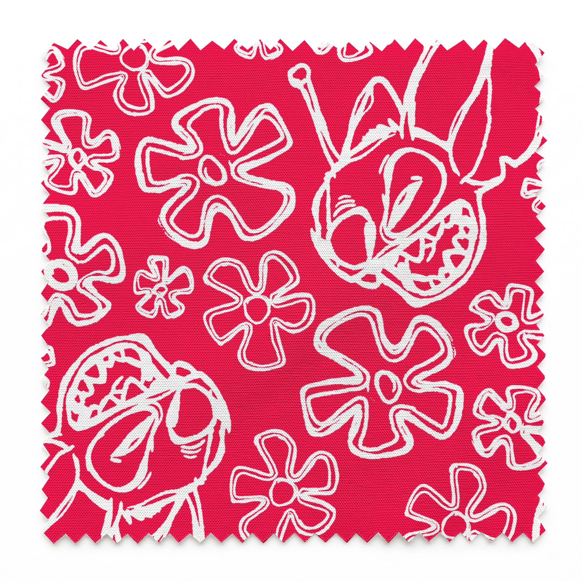 White flower doodles and Disney's Stitch on bright red background, hand-drawn style pattern springs swatch pinked