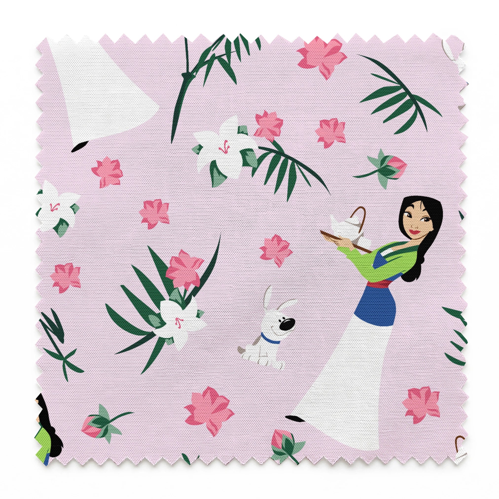 Illustrated pattern on light purple background with cartoon figures in white dresses, pink flowers, green palm leaves, and white rabbits. springs swatch pinked