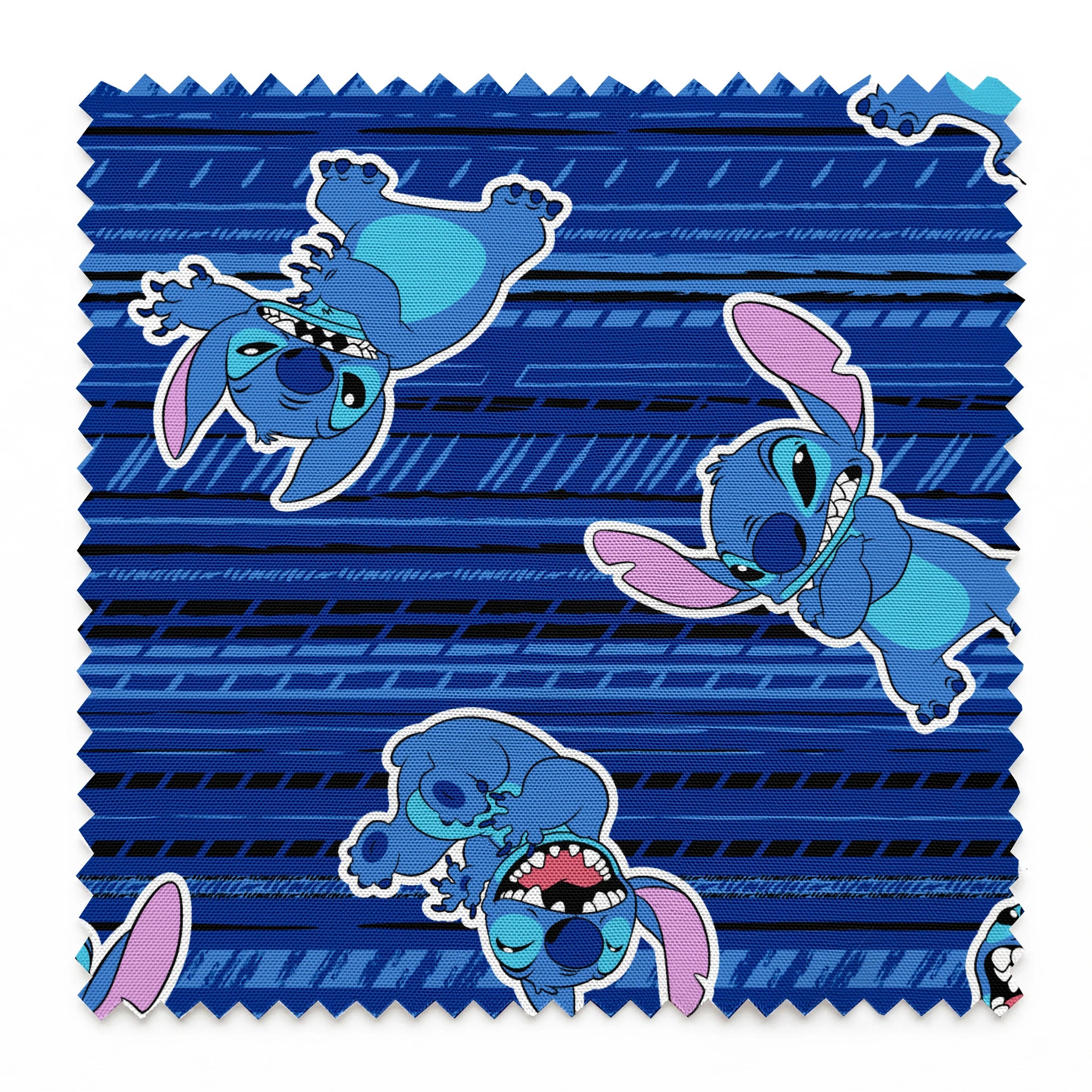 Blue background with Disney Stitch characters in various playful poses, featuring blue fur and pink ears springs swatch pinked
