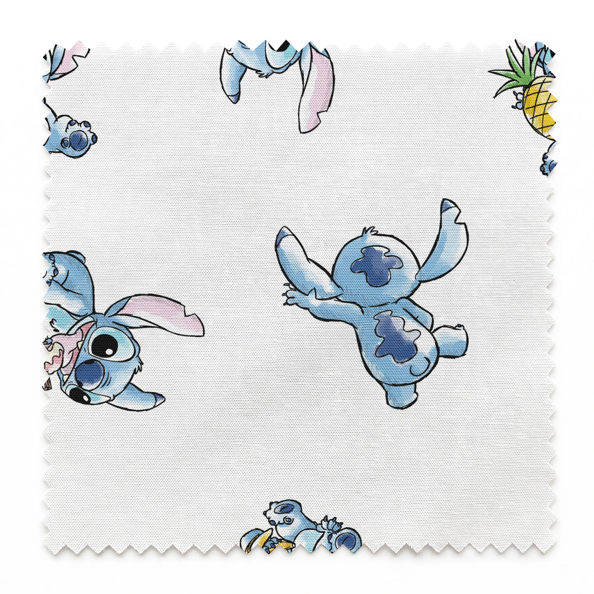 Disney's Stitch in various playful poses, some holding pineapples, on white background springs swatch pinked