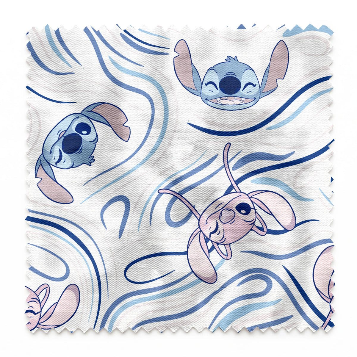 Blue alien character with large ears in various poses on swirling blue and white pattern background springs swatch pinked