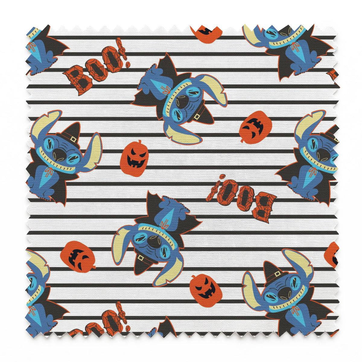 Disney's Stitch with witch hat alongside orange pumpkins on black and white striped background springs swatch pinked