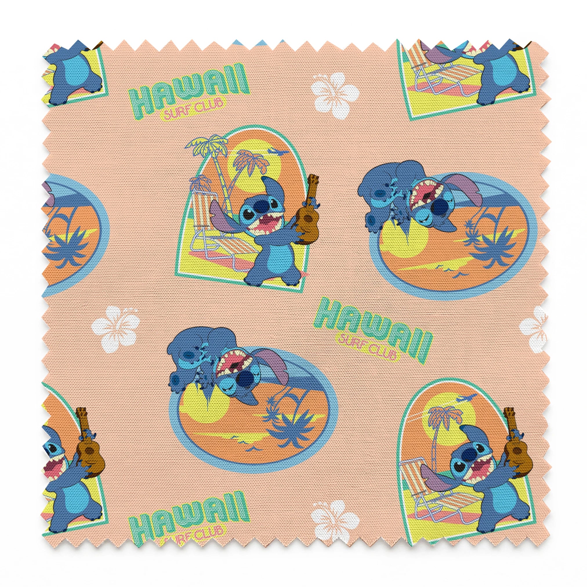 Disney's Stitch character on peach background with Hawaii-themed illustrations featuring surfboards, ukulele, and tropical imagery springs swatch pinked