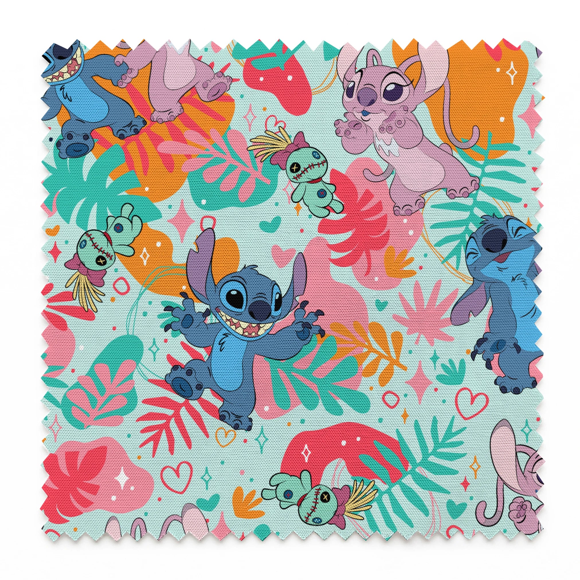 Colorful Stitch pattern with characters from Lilo & Stitch amid tropical leaves on turquoise background springs swatch pinked
